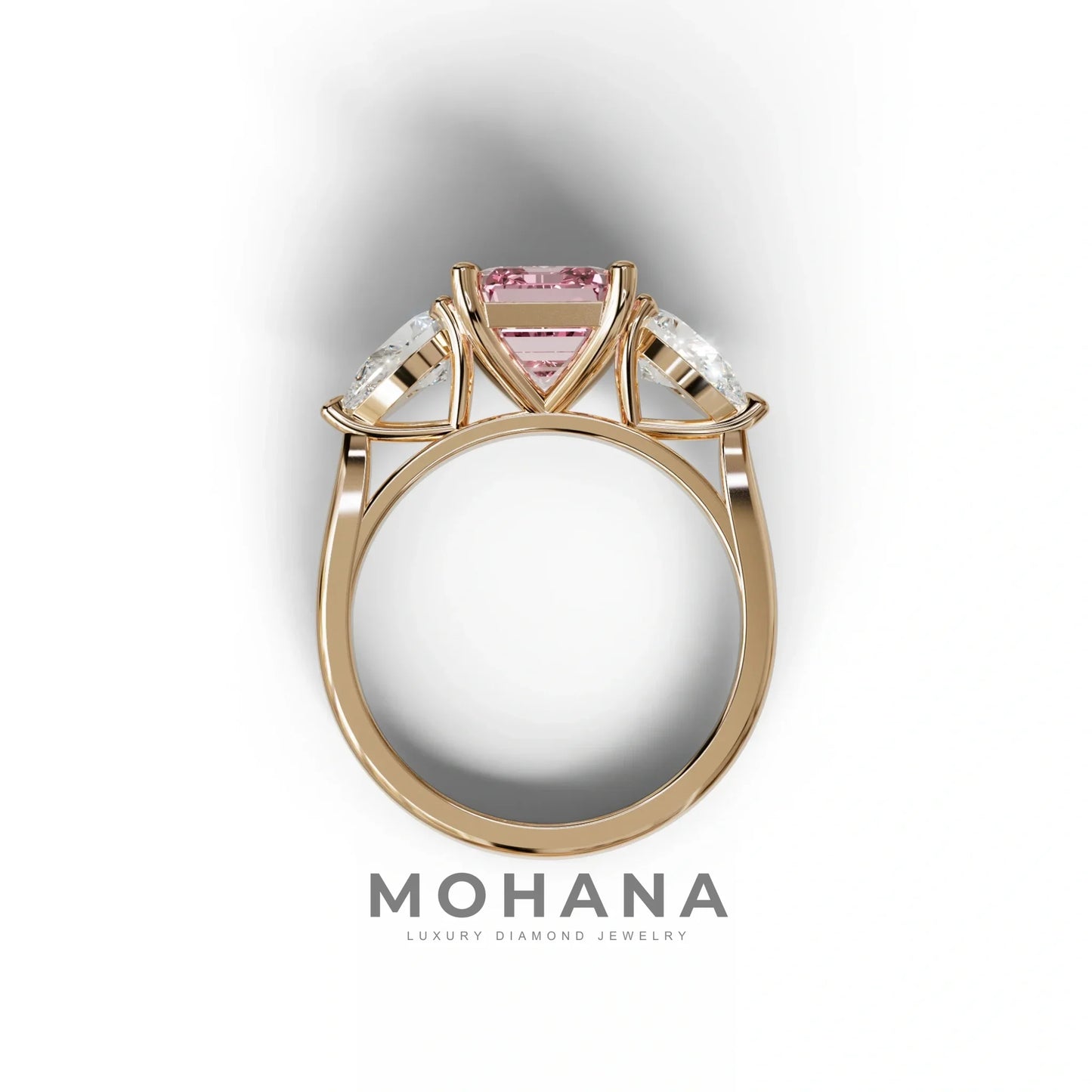 4 Carat Fancy Pink Emerald & Pear Cut Three Stone Lab Grown Diamond Engagement Ring