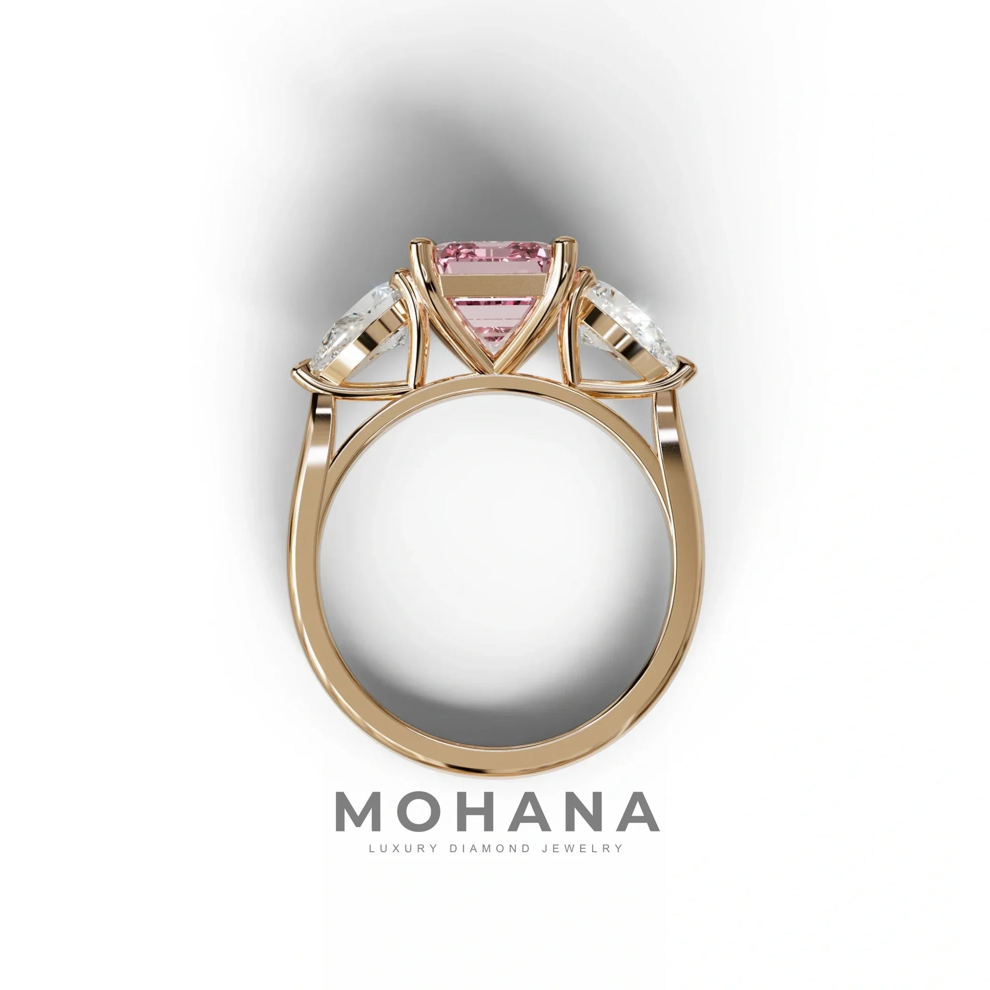 4 Carat Fancy Pink Emerald & Pear Cut Three Stone Lab Grown Diamond Engagement Ring