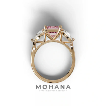 4 Carat Fancy Pink Emerald & Pear Cut Three Stone Lab Grown Diamond Engagement Ring