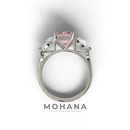 4 Carat Fancy Pink Emerald & Pear Cut Three Stone Lab Grown Diamond Engagement Ring