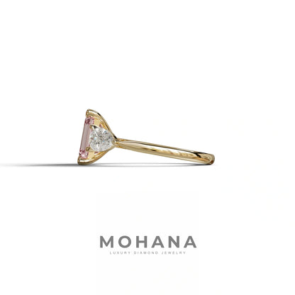 4 Carat Fancy Pink Emerald & Pear Cut Three Stone Lab Grown Diamond Engagement Ring