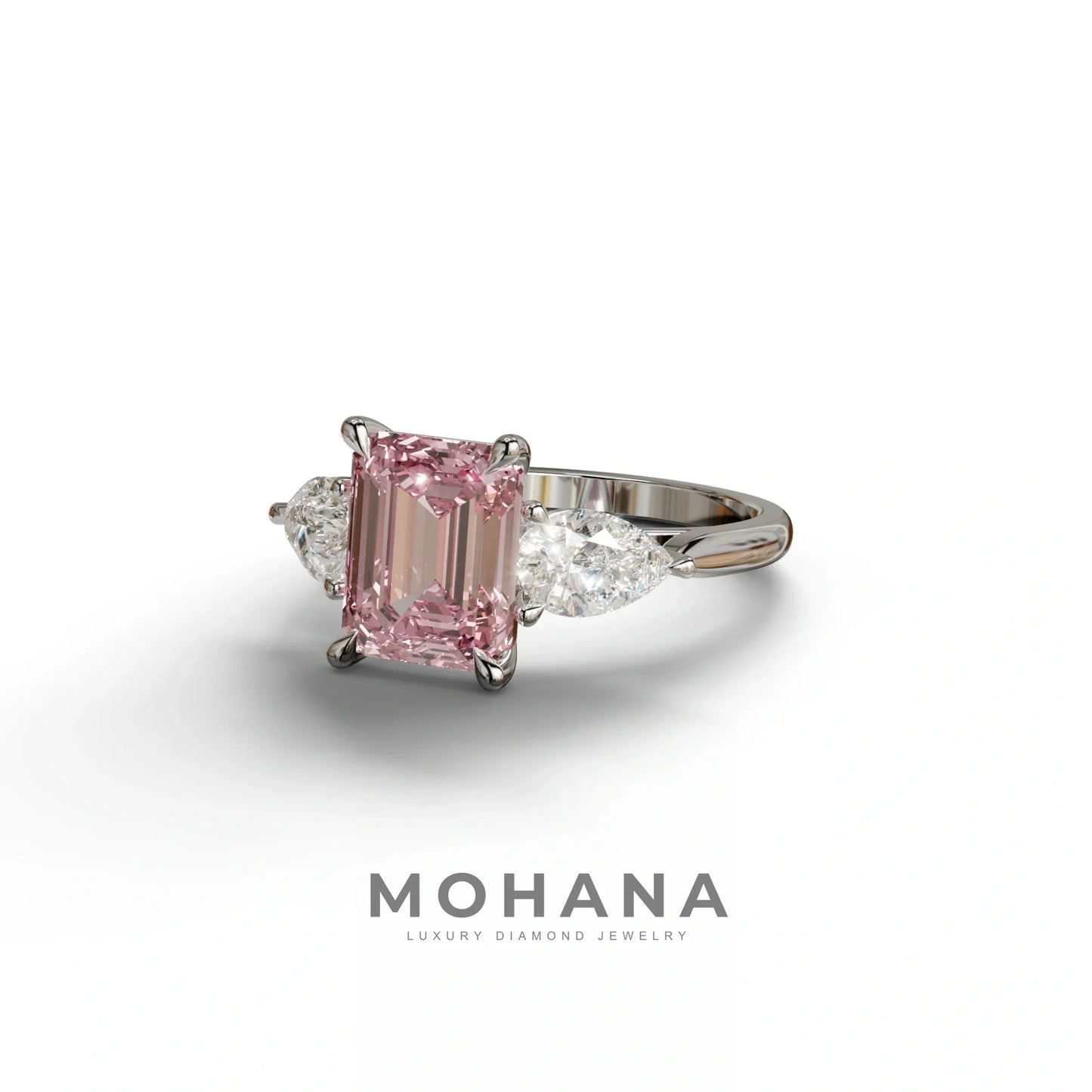 4 Carat Fancy Pink Emerald & Pear Cut Three Stone Lab Grown Diamond Engagement Ring