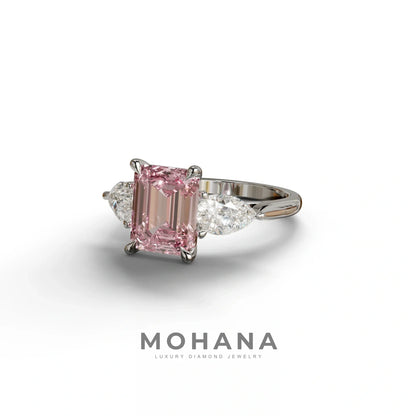 4 Carat Fancy Pink Emerald & Pear Cut Three Stone Lab Grown Diamond Engagement Ring