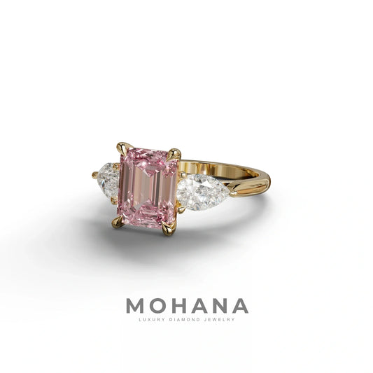 4 Carat Fancy Pink Emerald & Pear Cut Three Stone Lab Grown Diamond Engagement Ring