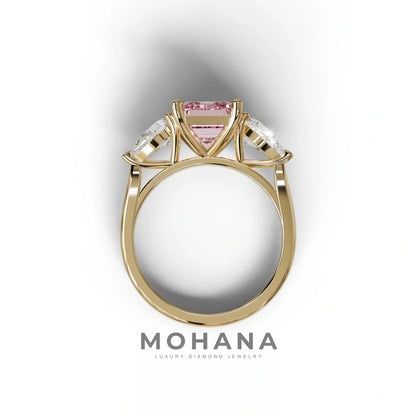 4 Carat Fancy Pink Emerald & Pear Cut Three Stone Lab Grown Diamond Engagement Ring