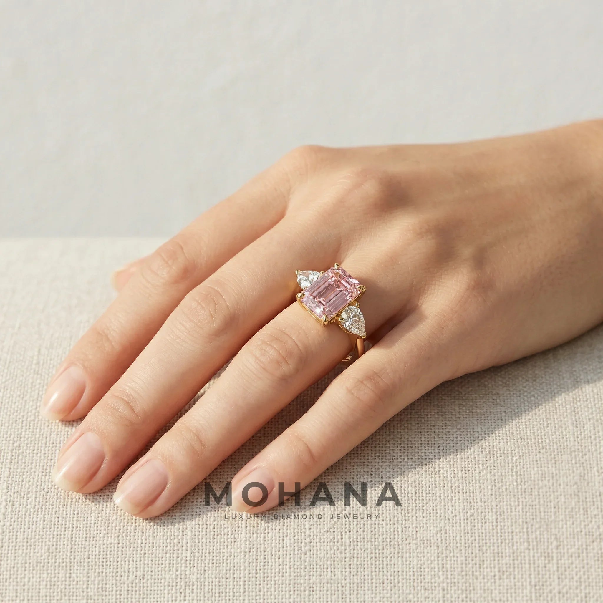 4 Carat Fancy Pink Emerald & Pear Cut Three Stone Lab Grown Diamond Engagement Ring
