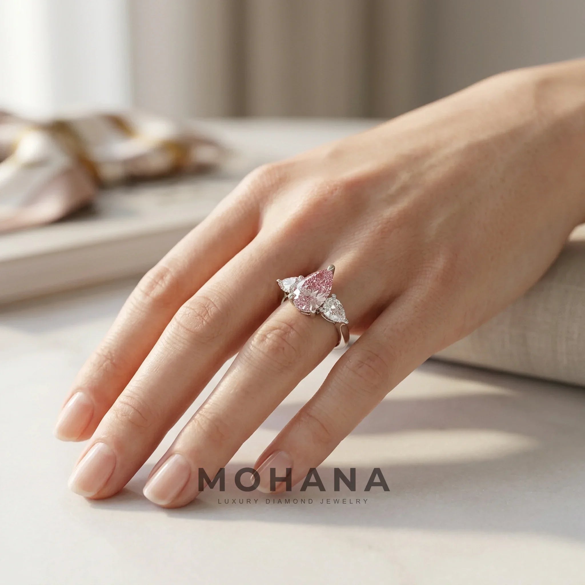 4 Carat Fancy Pink Pear Cut Three Stone Lab Grown Diamond Engagement Ring