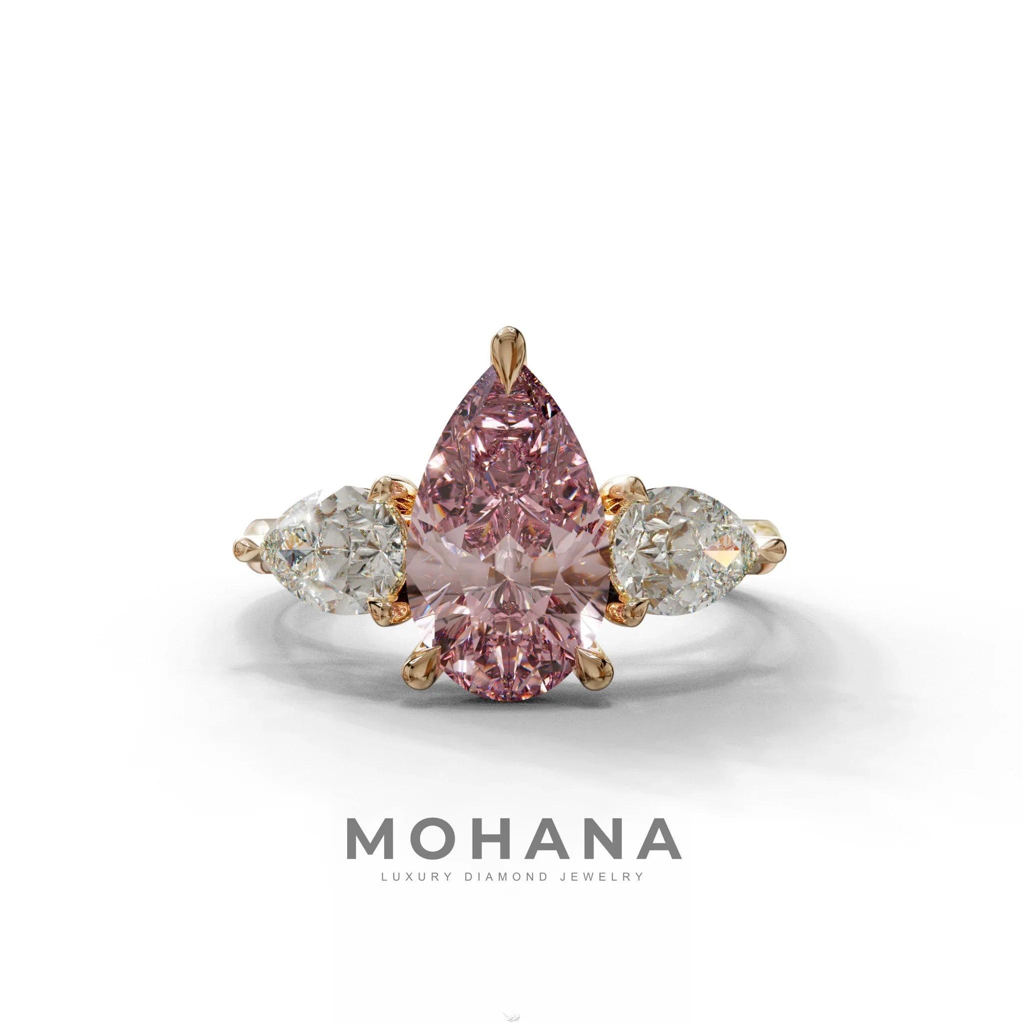 3 Carat Pink Pear Cut Lab Diamond In 3 Stones Claw Prongs Setting Ring - 10K Solid Gold / Rose Gold