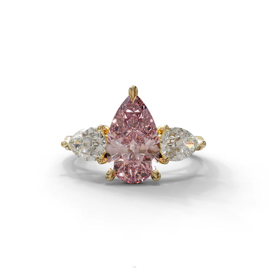 3 Carat Pink Pear Cut Lab Diamond In 3 Stones Claw Prongs Setting Ring - 10K Solid Gold / Yellow Gold