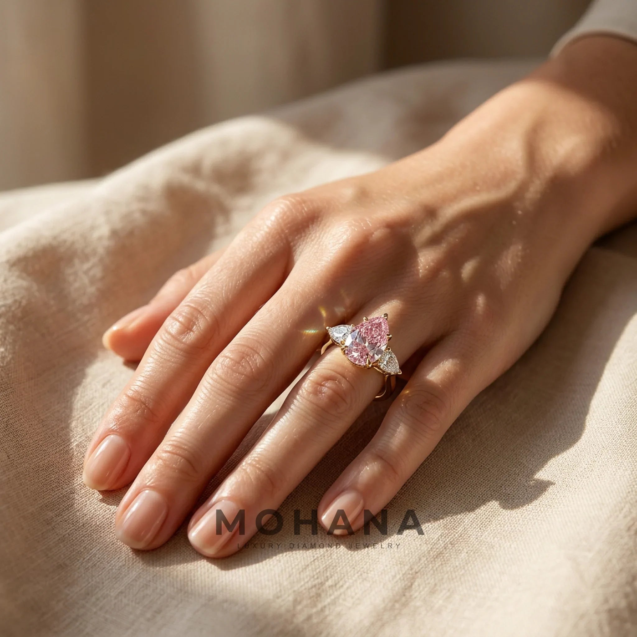 4 Carat Fancy Pink Pear Cut Three Stone Lab Grown Diamond Engagement Ring