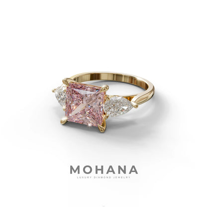 3 Carat Pink Princess Cut Lab Diamond In 3 Stones Claw Prongs Setting Ring