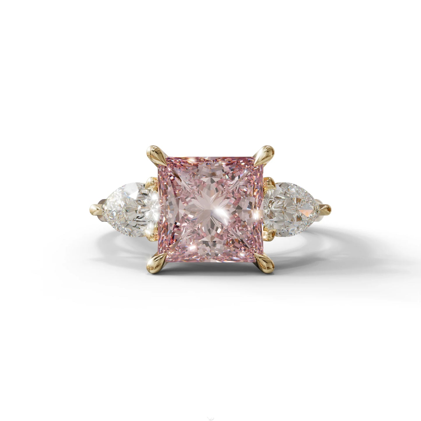 3 Carat Pink Princess Cut Lab Diamond In 3 Stones Claw Prongs Setting Ring - 10K Solid Gold / Yellow Gold