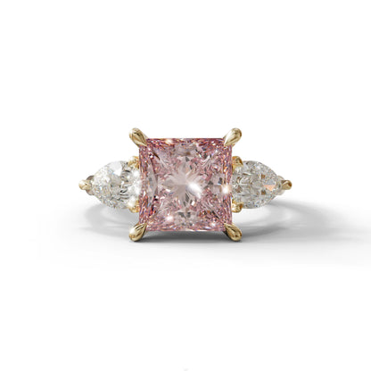 3 Carat Pink Princess Cut Lab Diamond In 3 Stones Claw Prongs Setting Ring - 10K Solid Gold / Yellow Gold