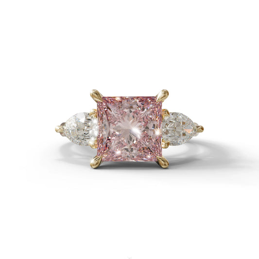 3 Carat Pink Princess Cut Lab Diamond In 3 Stones Claw Prongs Setting Ring - 10K Solid Gold / Yellow Gold