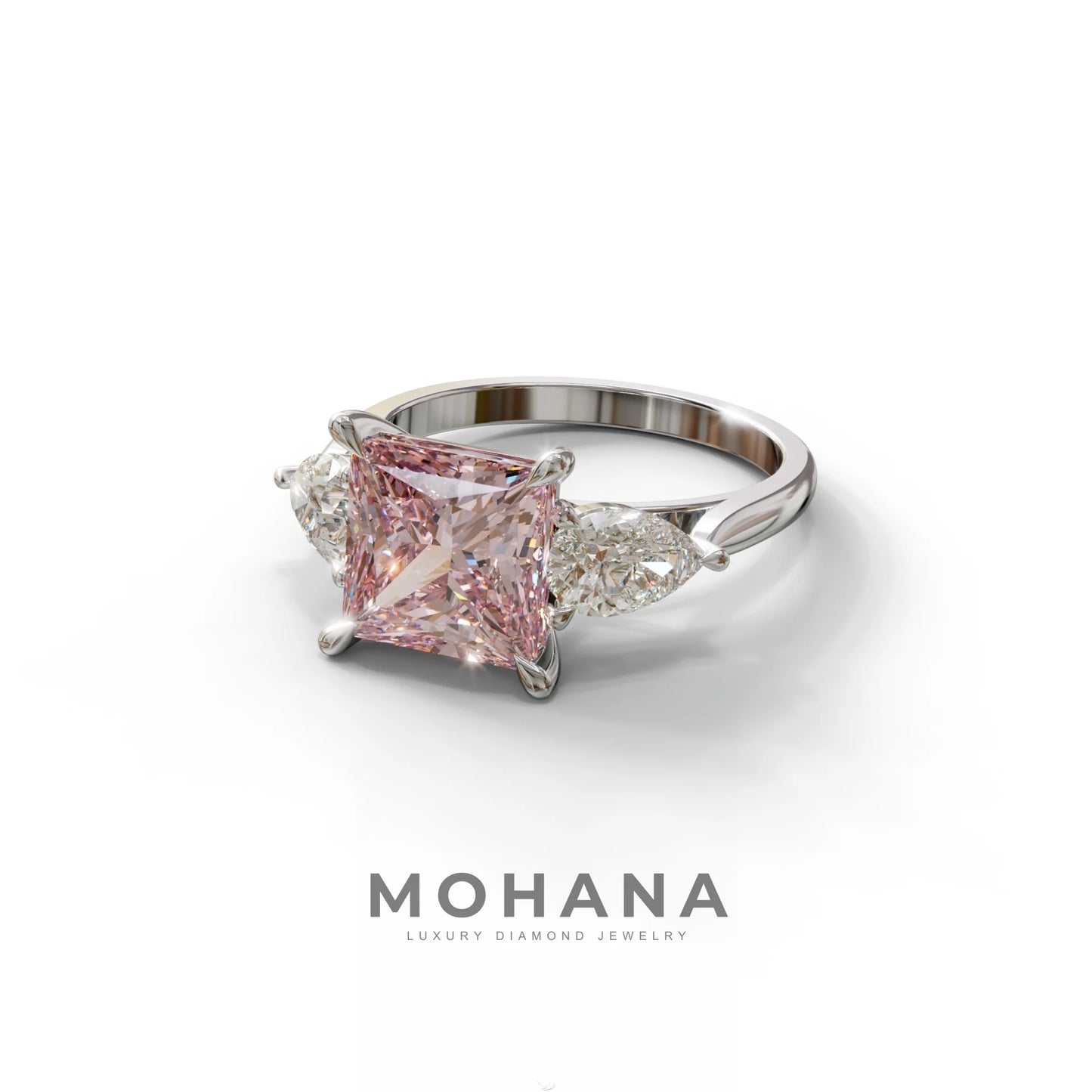 3 Carat Pink Princess Cut Lab Diamond In 3 Stones Claw Prongs Setting Ring