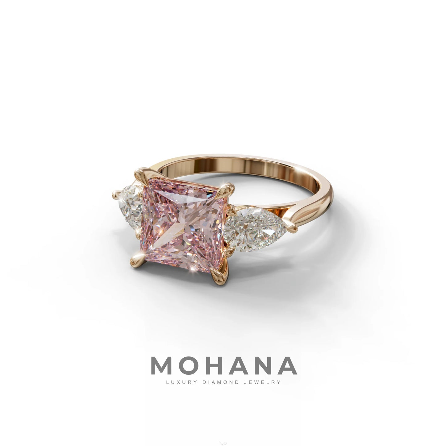 3 Carat Pink Princess Cut Lab Diamond In 3 Stones Claw Prongs Setting Ring