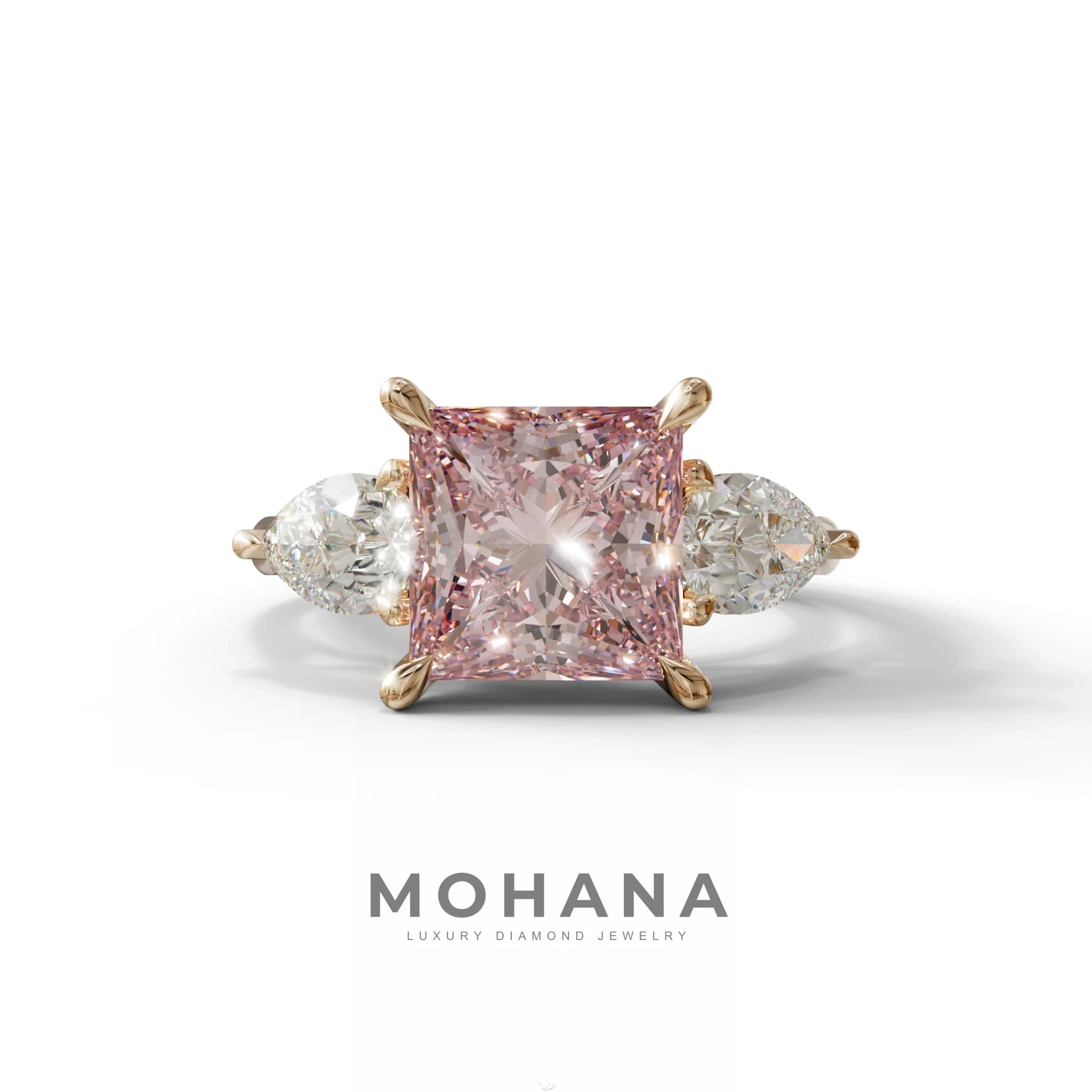 3 Carat Pink Princess Cut Lab Diamond In 3 Stones Claw Prongs Setting Ring - 10K Solid Gold / Rose Gold