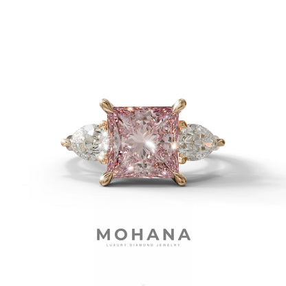3 Carat Pink Princess Cut Lab Diamond In 3 Stones Claw Prongs Setting Ring - 10K Solid Gold / Rose Gold