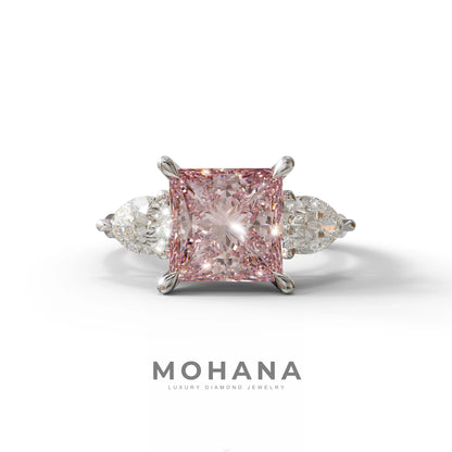 3 Carat Pink Princess Cut Lab Diamond In 3 Stones Claw Prongs Setting Ring - 10K Solid Gold / White Gold
