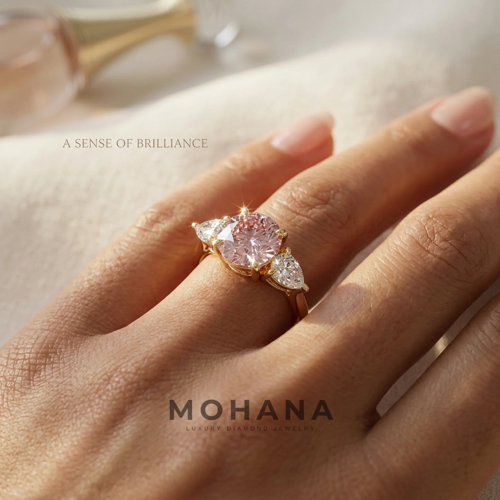 4 Carat Fancy Pink Round & Pear Cut Lab Grown Diamond Three Stone Engagement Ring