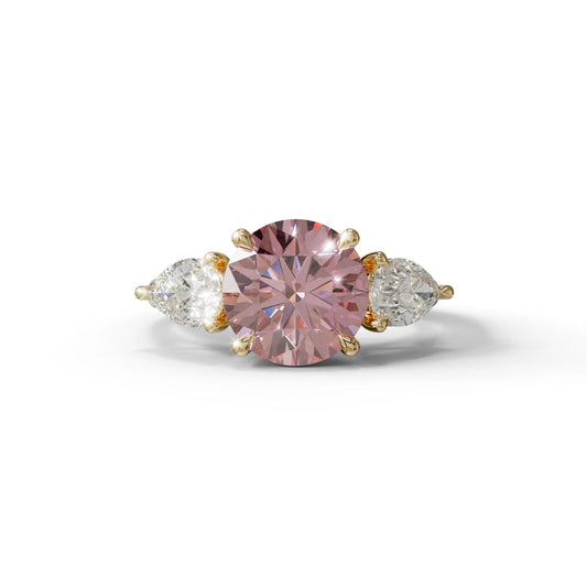 4 Carat Pink Round & Pear Cut Three Stone Lab Diamond Ring - Luminous - 10K Solid Gold / Yellow Gold