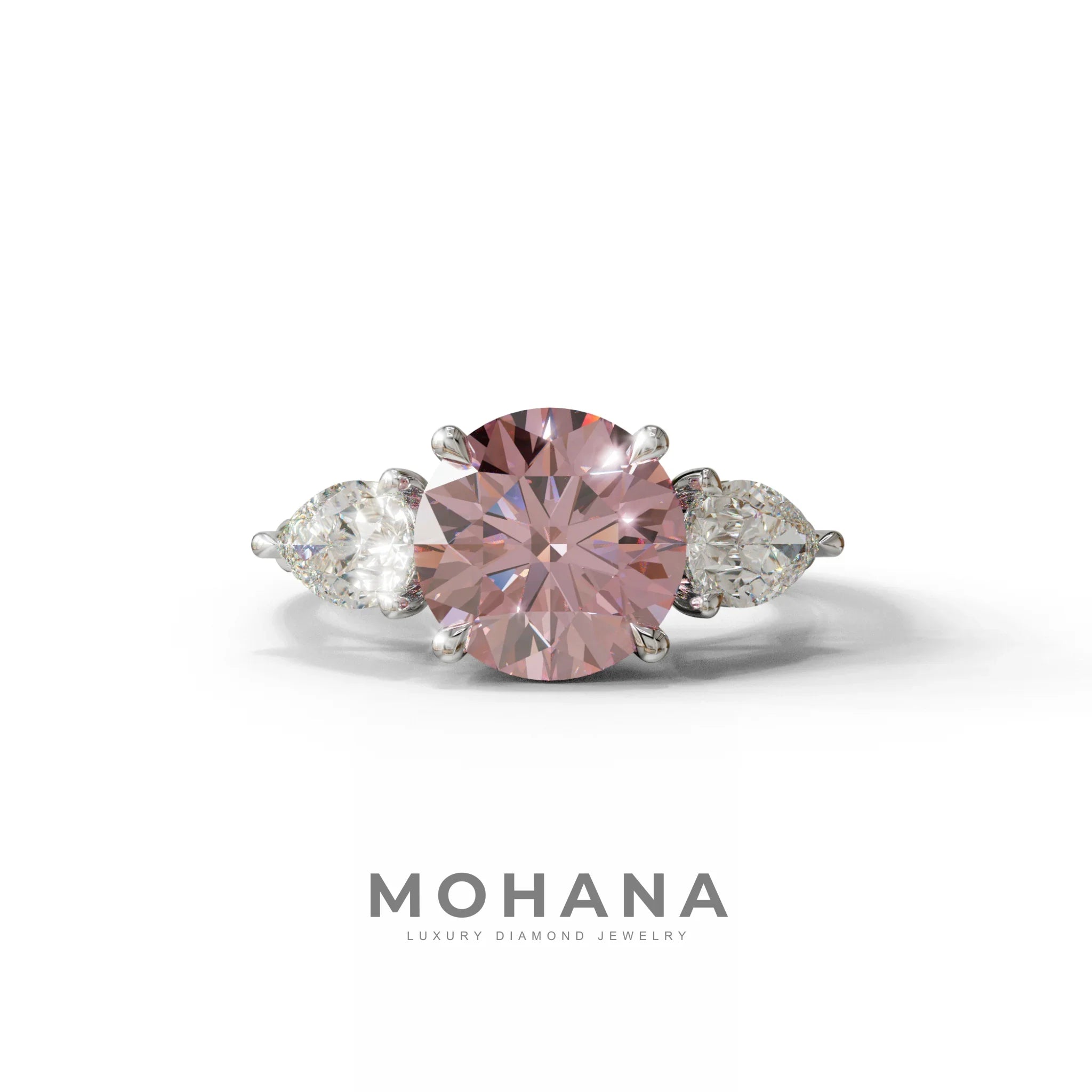 4 Carat Pink Round & Pear Cut Three Stone Lab Diamond Ring - Luminous - 10K Solid Gold / White Gold