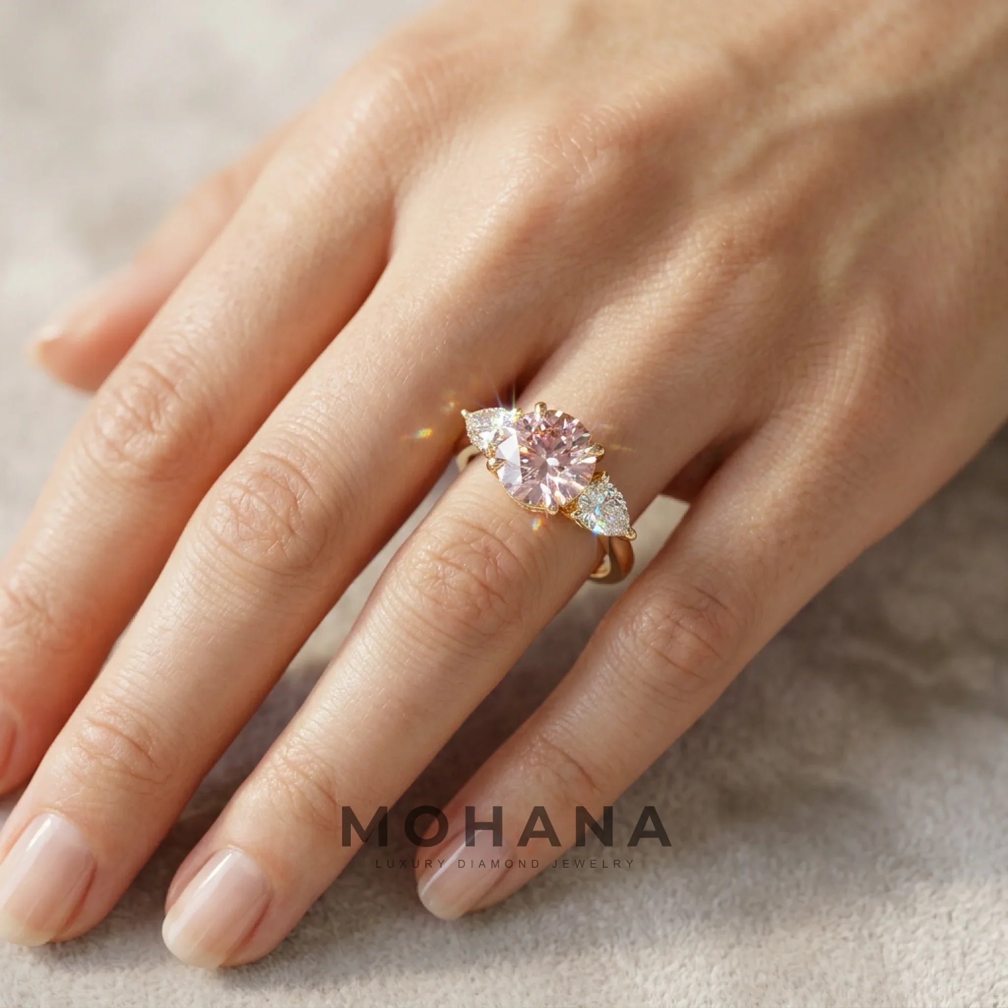 4 Carat Fancy Pink Round & Pear Cut Lab Grown Diamond Three Stone Engagement Ring