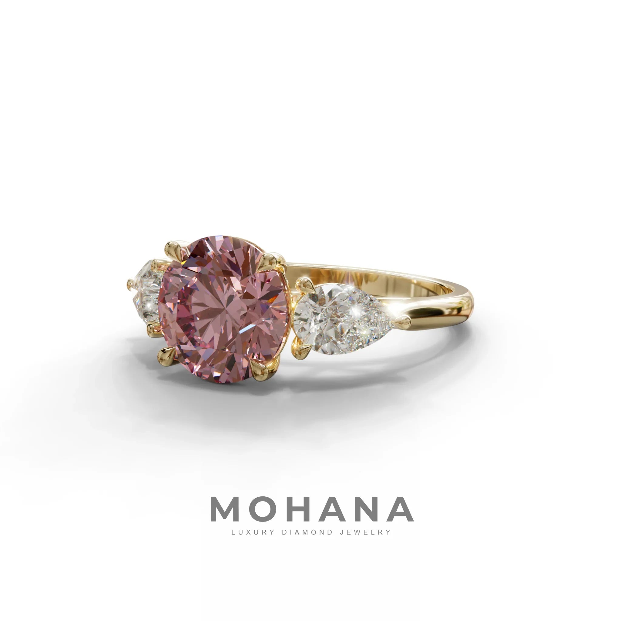 4 Carat Pink Round & Pear Cut Three Stone Lab Diamond Ring - Luminous