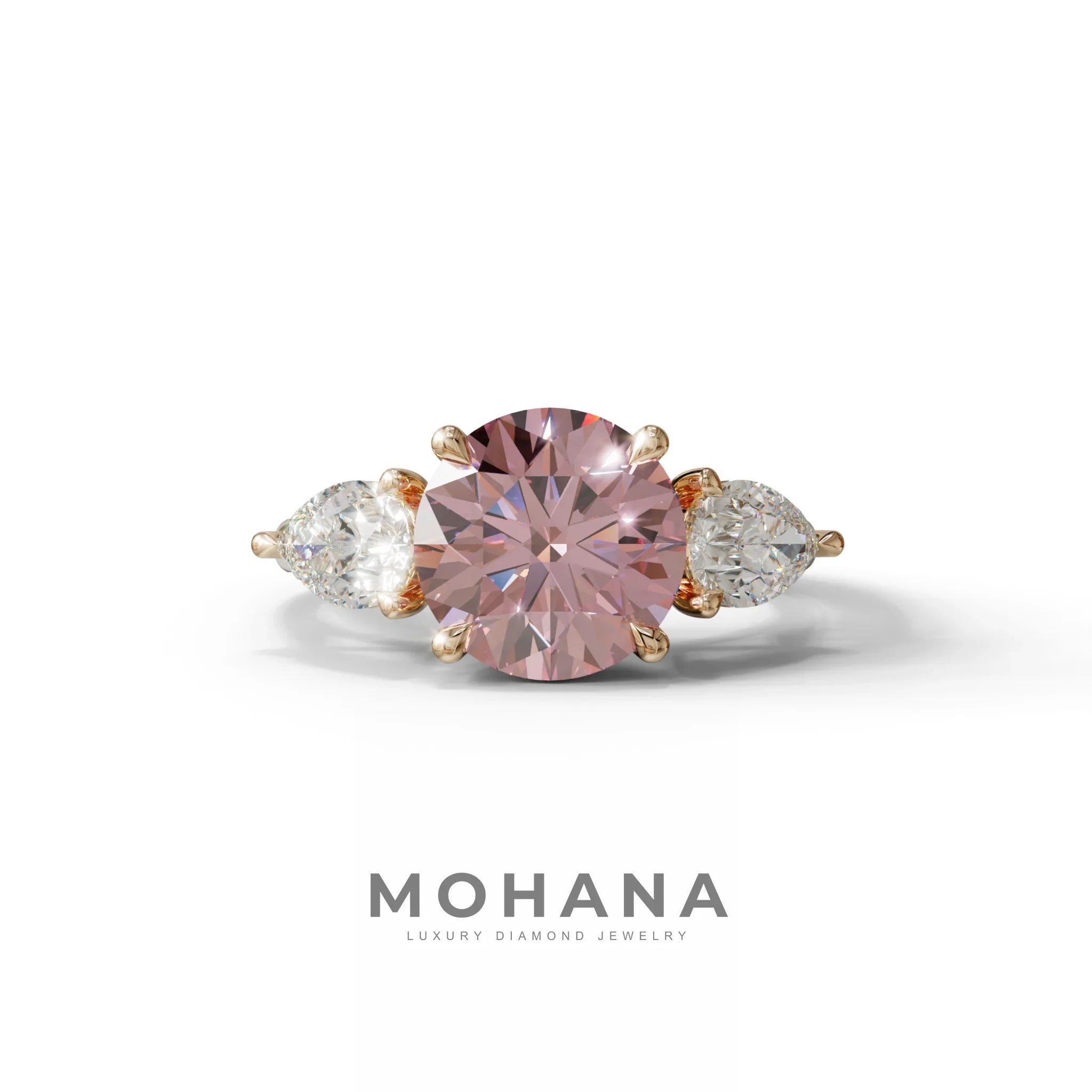 4 Carat Pink Round & Pear Cut Three Stone Lab Diamond Ring - Luminous - 10K Solid Gold / Rose Gold