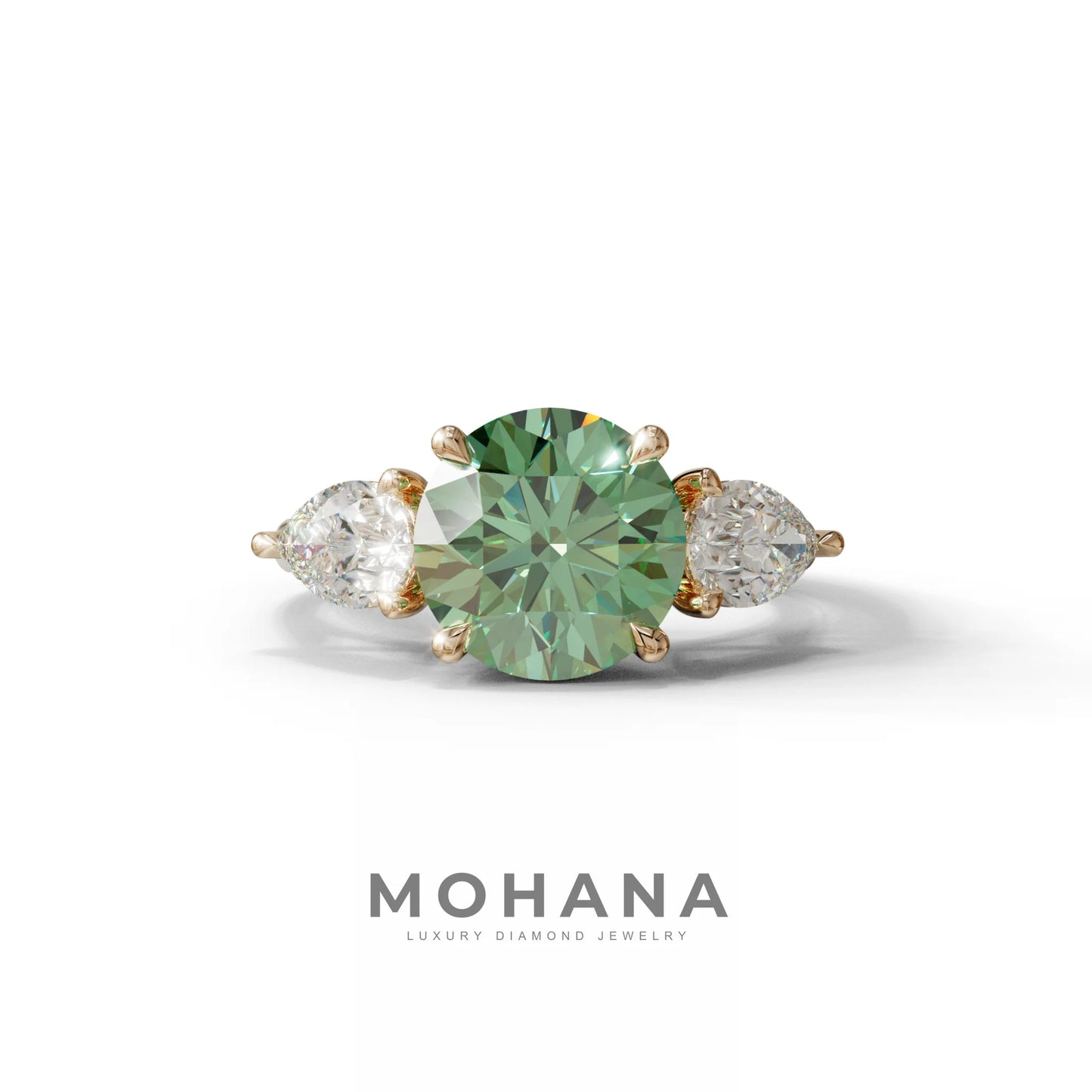 5 Carat Green Round & Pear Cut Three Stone Lab Diamond Ring - Luminous - 10K Solid Gold / Rose Gold