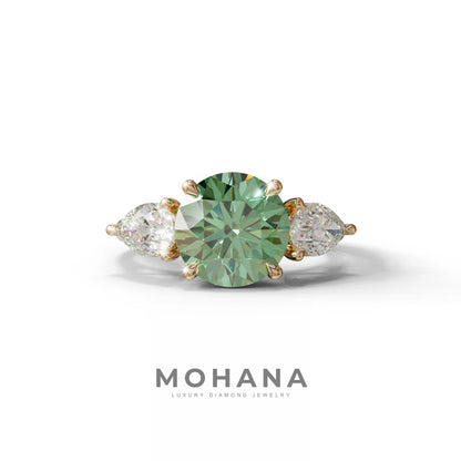 5 Carat Green Round & Pear Cut Three Stone Lab Diamond Ring - Luminous - 10K Solid Gold / Rose Gold