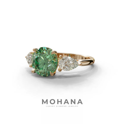 5 Carat Green Round & Pear Cut Three Stone Lab Diamond Ring - Luminous