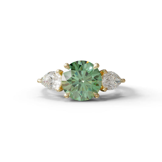 5 Carat Green Round & Pear Cut Three Stone Lab Diamond Ring - Luminous - 10K Solid Gold / Yellow Gold