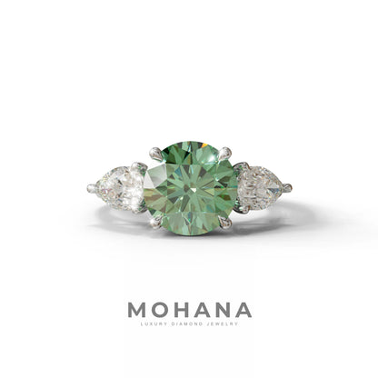 5 Carat Green Round & Pear Cut Three Stone Lab Diamond Ring - Luminous - 10K Solid Gold / White Gold