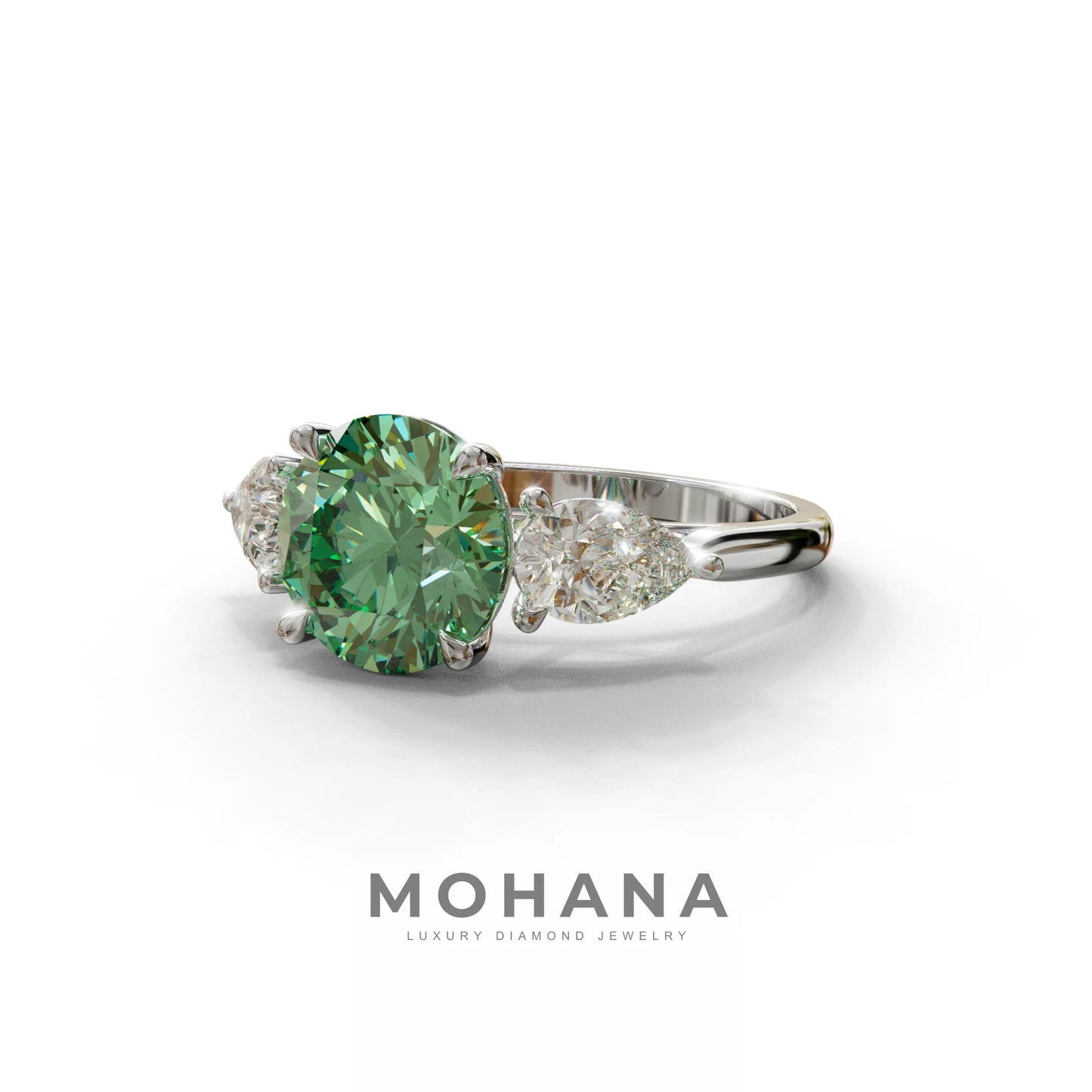 5 Carat Green Round & Pear Cut Three Stone Lab Diamond Ring - Luminous