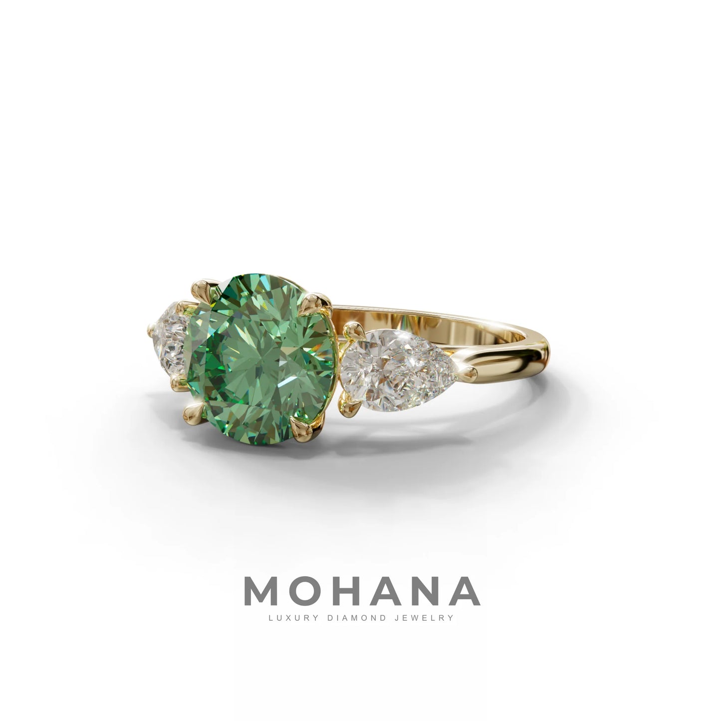 5 Carat Green Round & Pear Cut Three Stone Lab Diamond Ring - Luminous