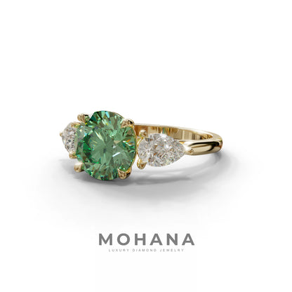 5 Carat Green Round & Pear Cut Three Stone Lab Diamond Ring - Luminous