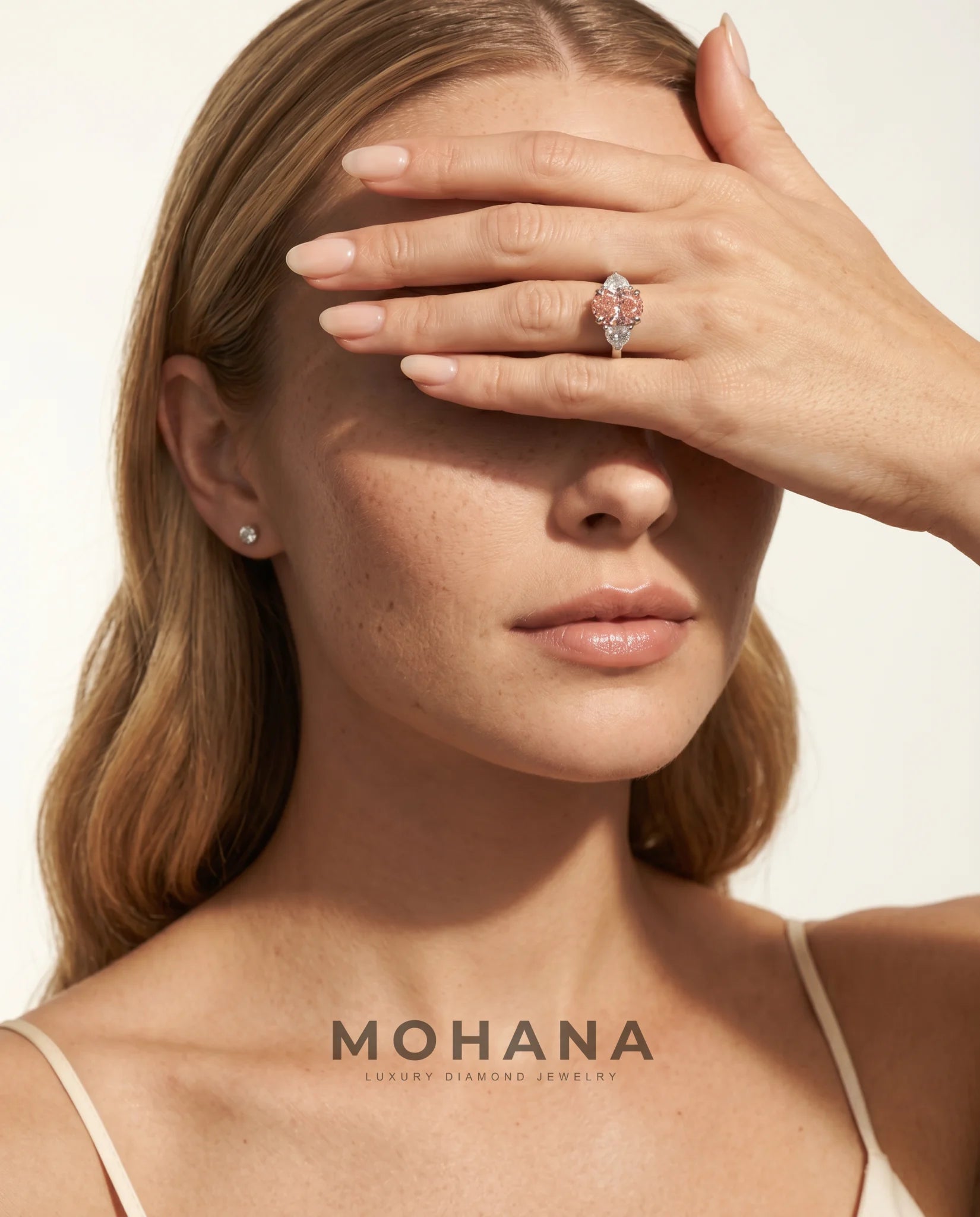 Ready to Ship 4 Carat Fancy Vivid Pink Oval Three-Stone White Gold Diamond Ring — view 7