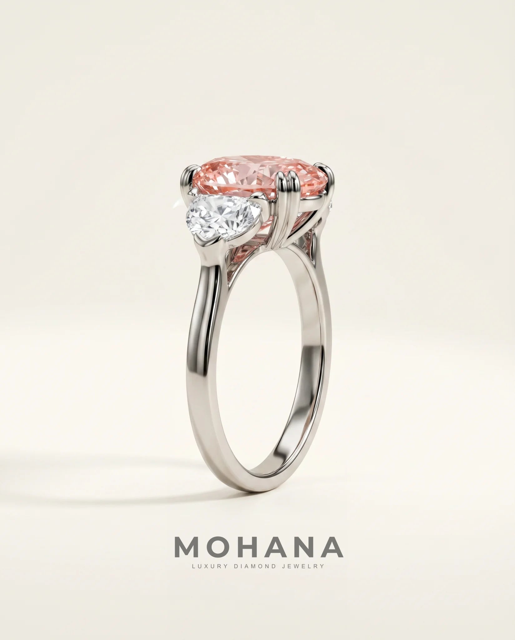 Ready to Ship 4 Carat Fancy Vivid Pink Oval Three-Stone White Gold Diamond Ring — view 4
