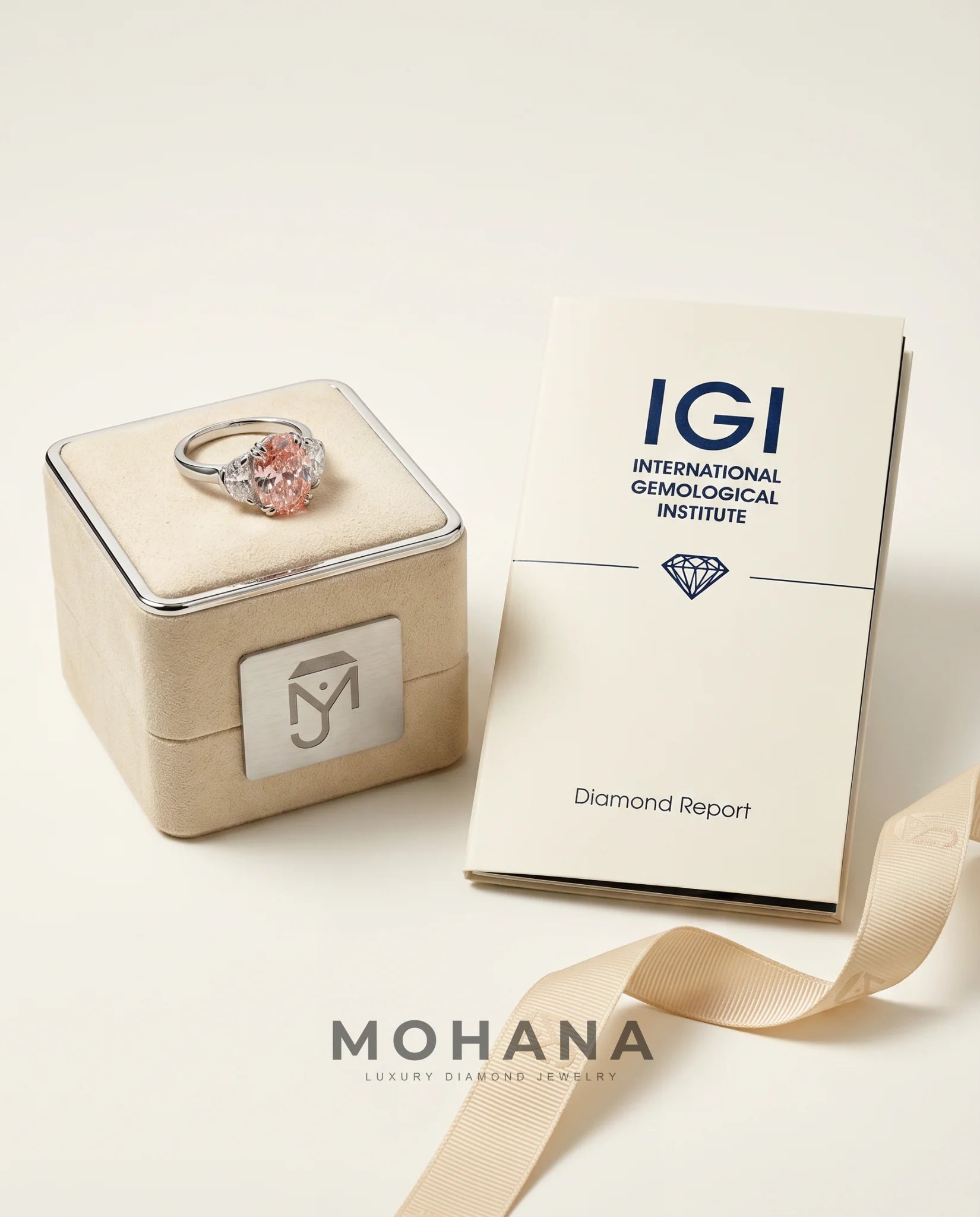 Ready to Ship 4 Carat Fancy Vivid Pink Oval Three-Stone White Gold Diamond Ring — view 6