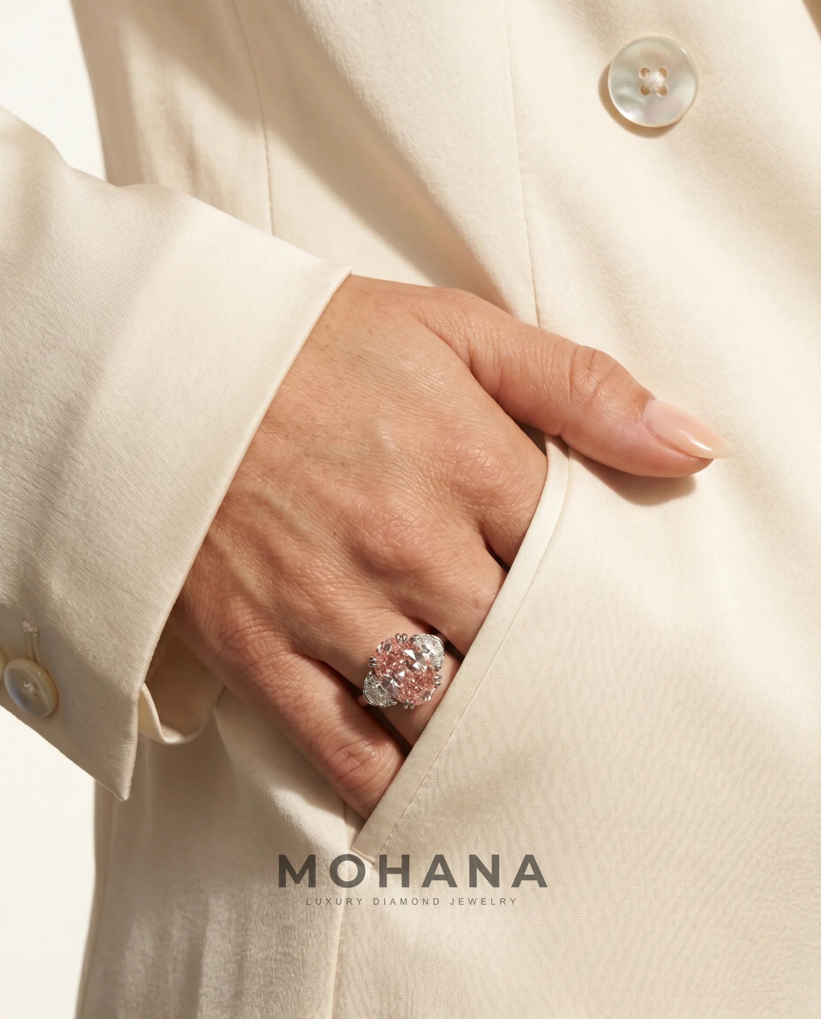 Ready to Ship 4 Carat Fancy Vivid Pink Oval Three-Stone White Gold Diamond Ring — view 13
