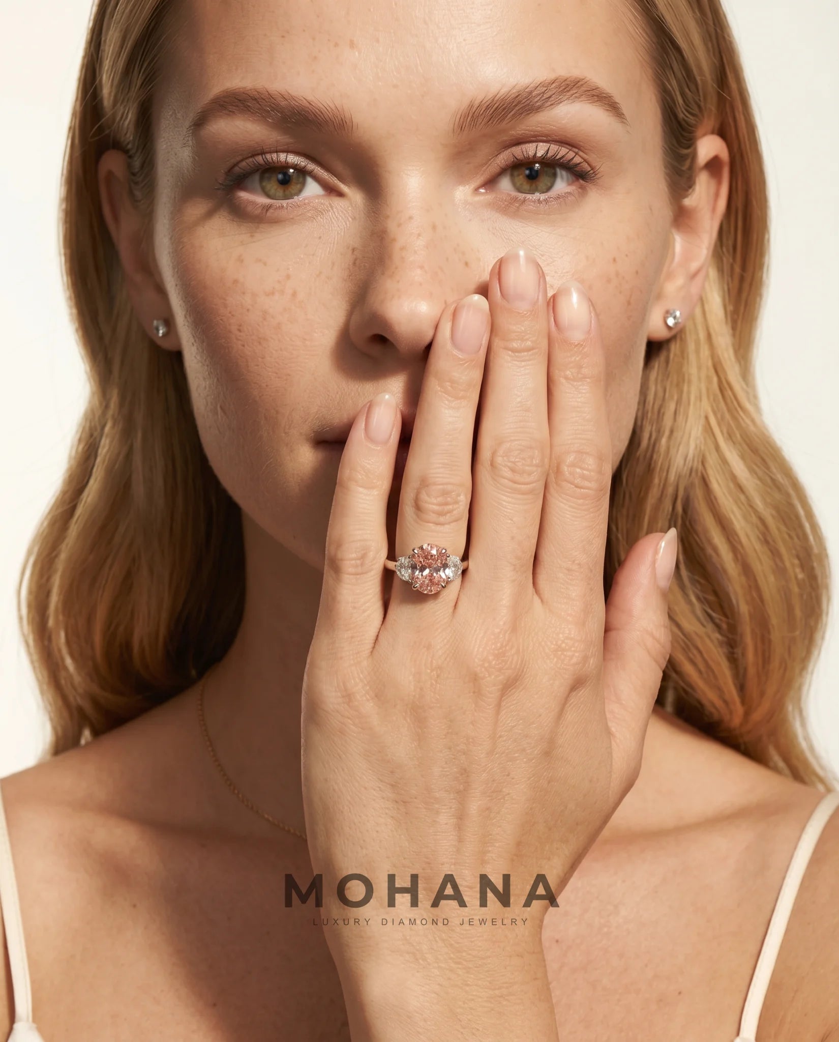 Ready to Ship 4 Carat Fancy Vivid Pink Oval Three-Stone White Gold Diamond Ring — view 9