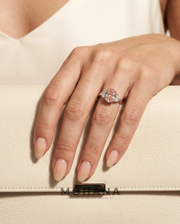 4 Carat Fancy Vivid Pink Lab Grown Diamond Engagement Ring · Oval Cut Three-Stone with Half Moon Sides alternate view