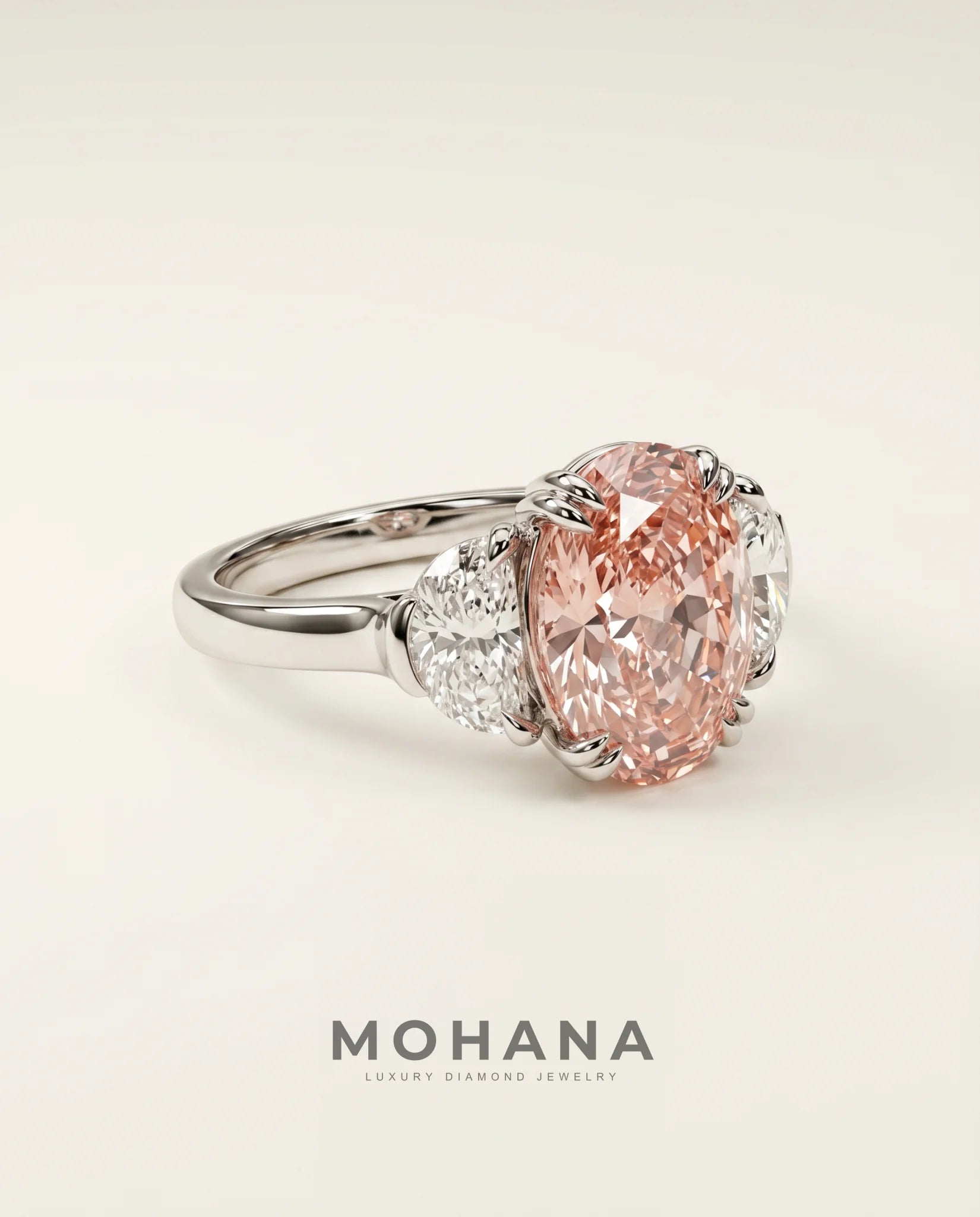 Ready to Ship 4 Carat Fancy Vivid Pink Oval Three-Stone White Gold Diamond Ring — view 5