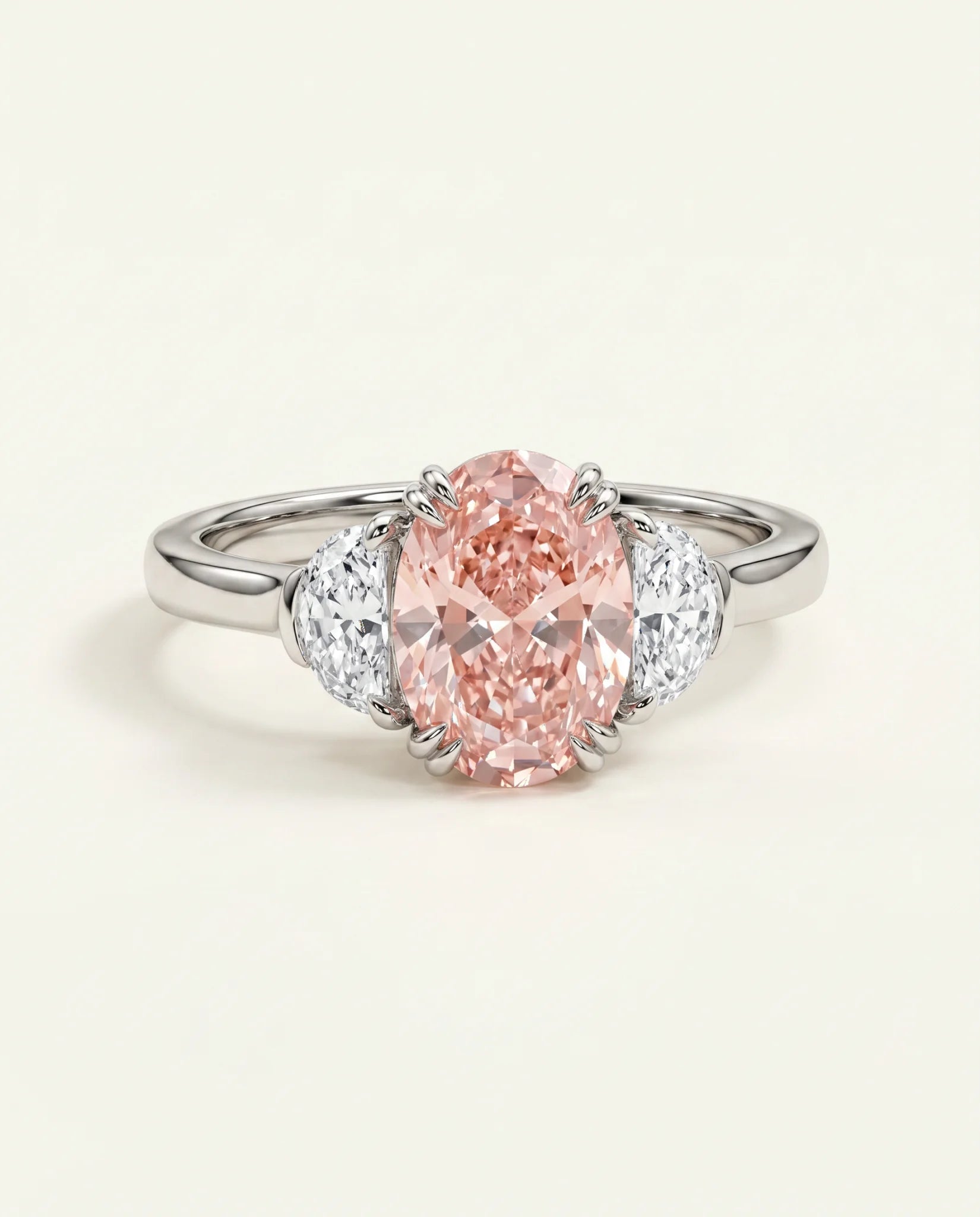 Ready to Ship 4 Carat Fancy Vivid Pink Oval Three-Stone White Gold Diamond Ring — view 2