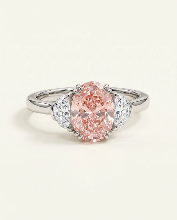4 Carat Fancy Vivid Pink Lab Grown Diamond Engagement Ring · Oval Cut Three-Stone with Half Moon Sides