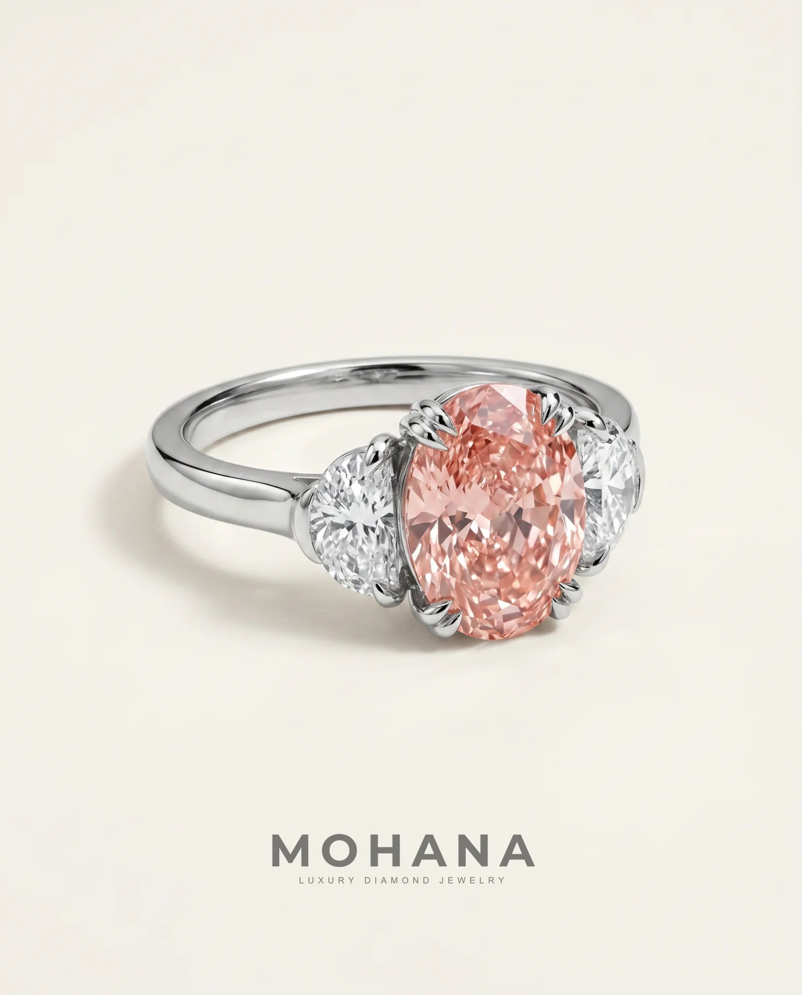 Ready to Ship 4 Carat Fancy Vivid Pink Oval Three-Stone White Gold Diamond Ring — view 1