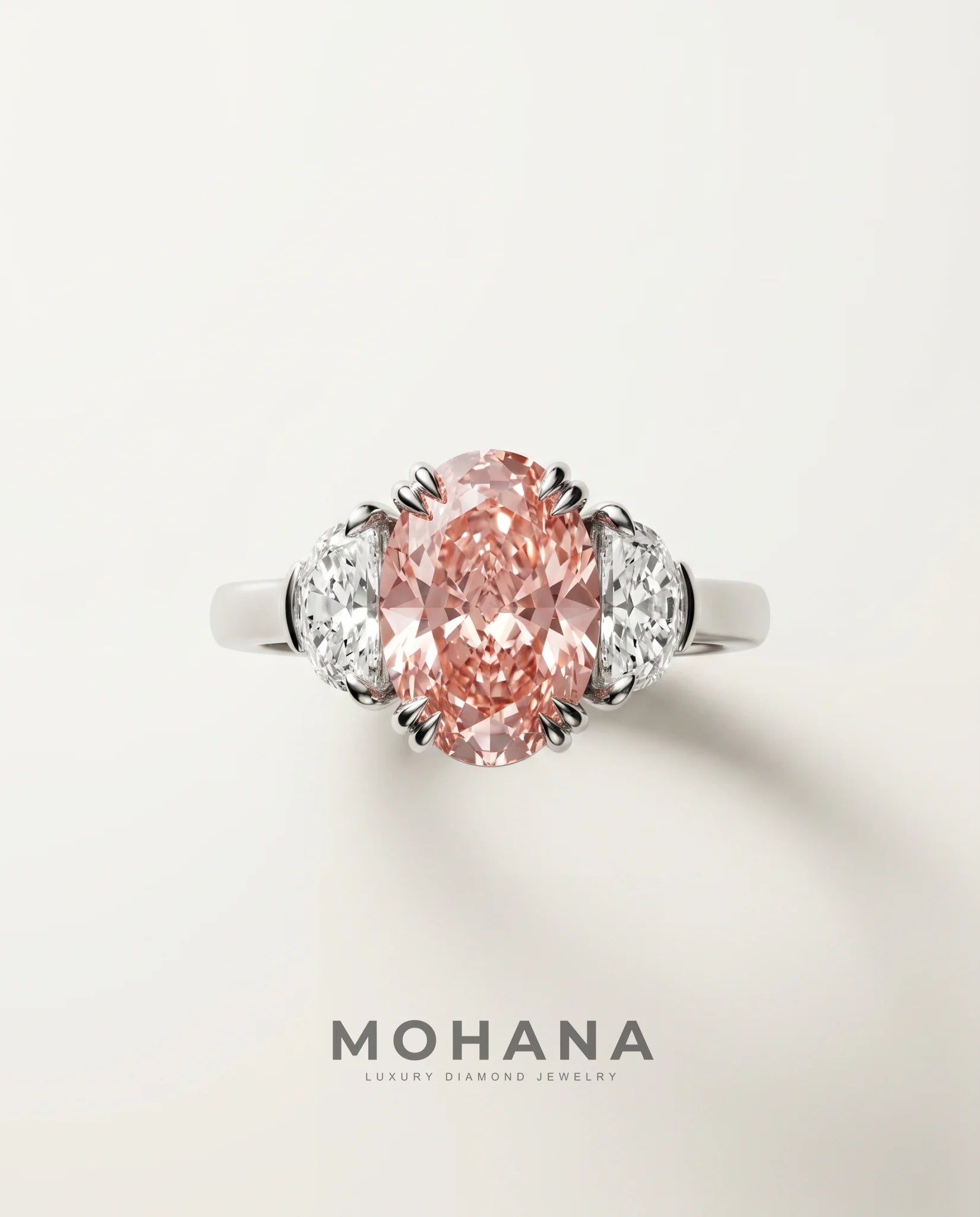 Ready to Ship 4 Carat Fancy Vivid Pink Oval Three-Stone White Gold Diamond Ring — view 3