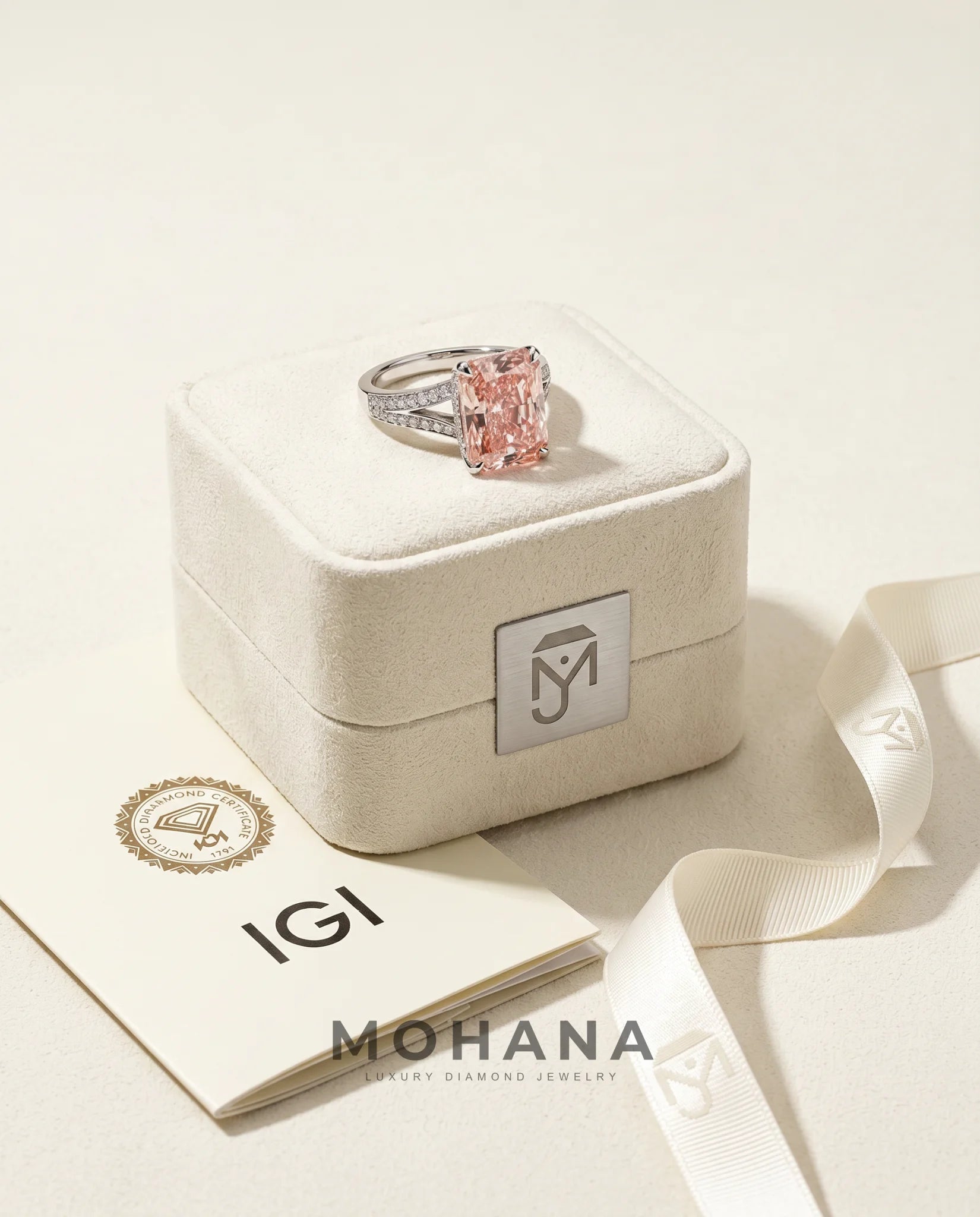 Ready to Ship 4 Carat Fancy Vivid Pink Radiant Diamond Ring — view 5