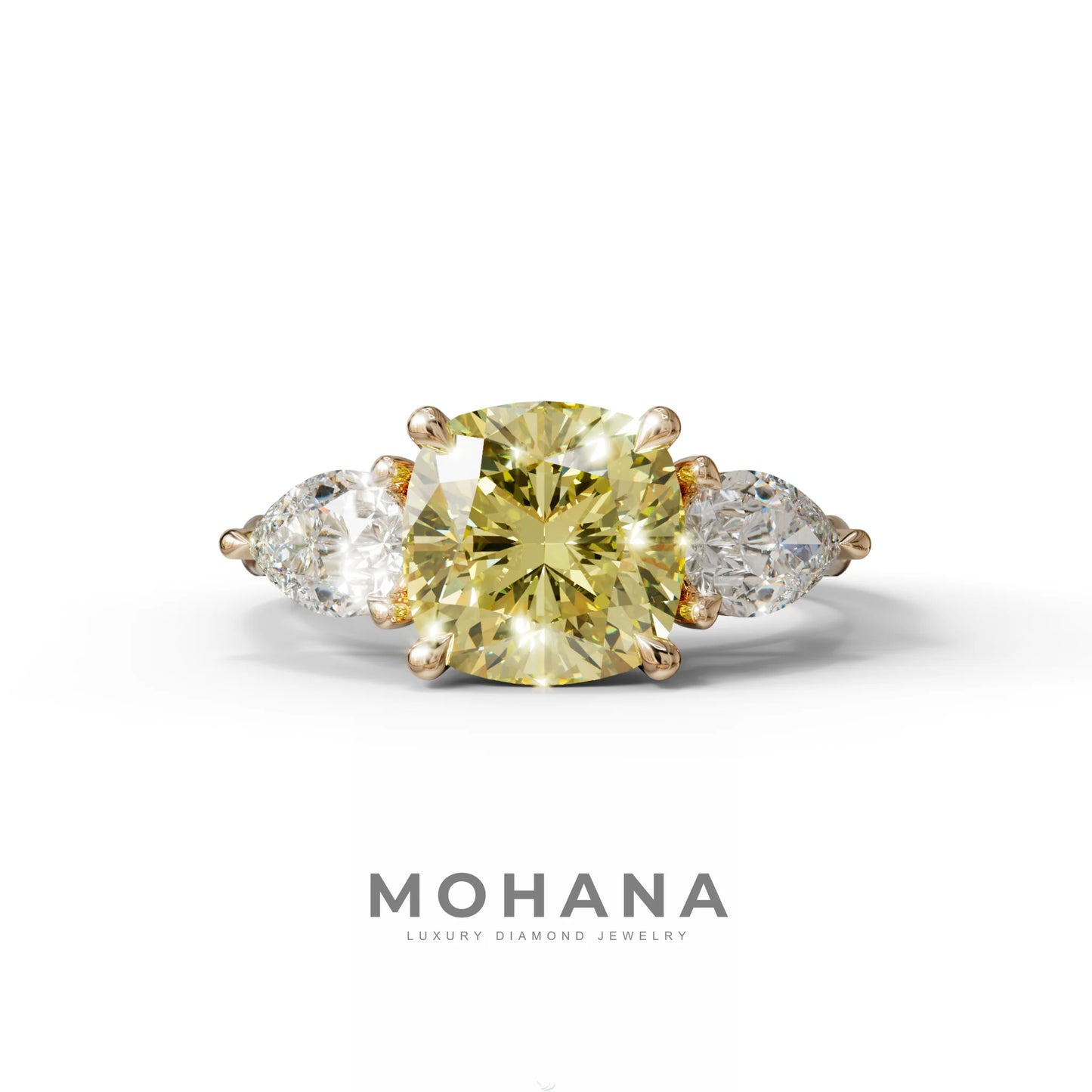 3 Ct Yellow Cushion Cut Lab Diamond In 3 Stones Claw Prongs Setting Ring - 10K Solid Gold / Rose Gold